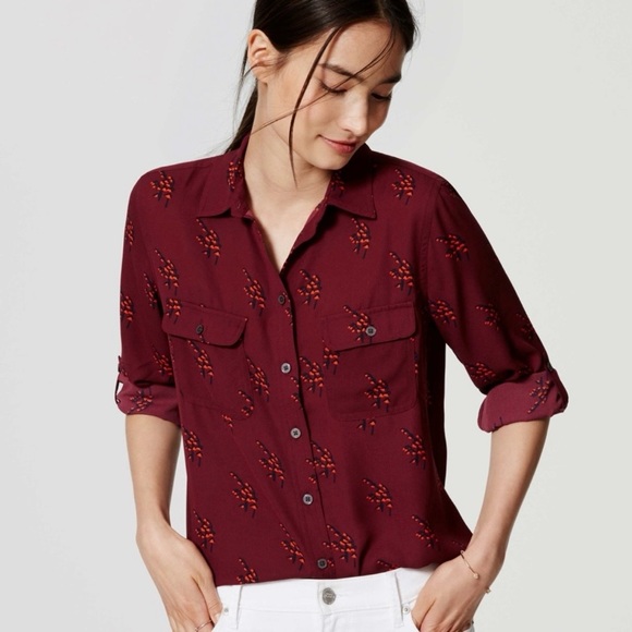 LOFT Tops - NWT  LOFT  Maroon & Orange Floral Button-Down Shirt - XS